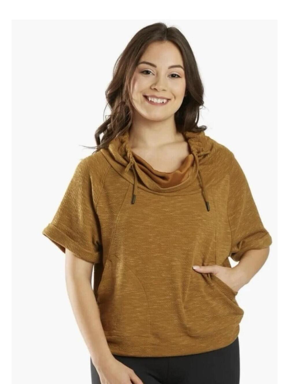Prana Sunrise Crop Pullover Short Sleeve Top Cowl Neck Antique Bronze Women's XL